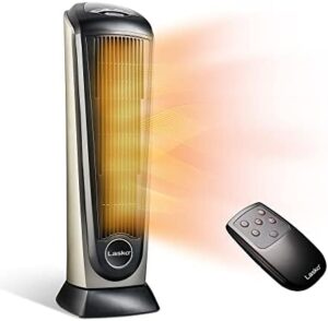 Lasko Oscillating Ceramic Tower Area Heater for Household with Adjustable Thermostat, Timer and Distant Control, 22.5 Inches, Grey/Black, 1500W, 751320